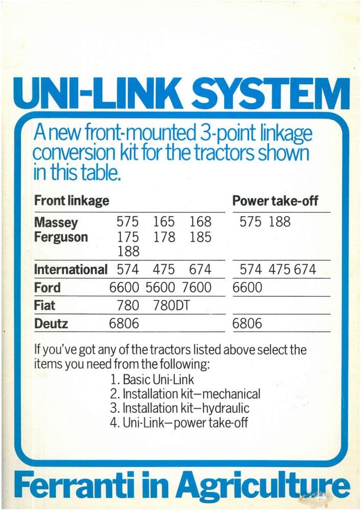 Ferranti Uni-Link System Front Mounted 3 Point Linkage Conversation kit ...