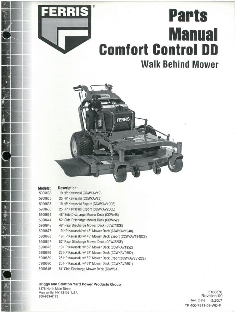 Ferris Walk Behind Mower Comfort Control DD Parts Manual