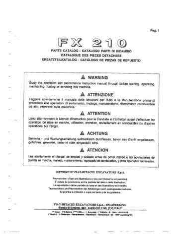 Fiat Allis Excavator FX210 Phoenix Series Parts Manual