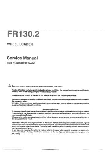 Fiat Allis Wheel Loader FR130.2 Workshop Service Manual - FR 130.2