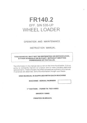 Fiat Allis Wheel Loader FR140.2 Operators Manual - FR 140.2