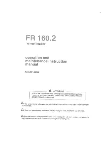 Fiat Allis Wheel Loader FR160.2 Operators Manual - FR 160.2