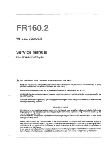Fiat Allis Wheel Loader FR160.2 Workshop Service Manual - FR 160.2