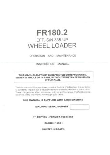 Fiat Allis Wheel Loader FR180.2 Operators Manual - FR 180.2