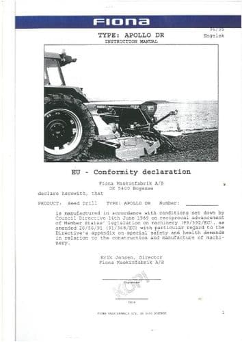 Fiona Seed Drill Apollo DR Operators Manual and Parts List