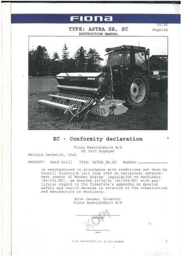 Fiona Seed Drill ASTRA SR, SC Operators Manual and Parts List