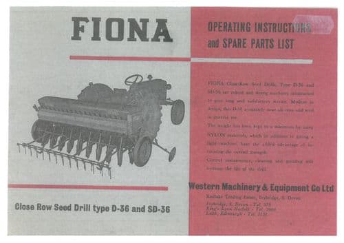 Fiona Seed Drill Model D36 & SD36 Operators Manual and Parts List - D SD 36