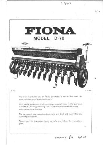 Fiona Seed Drill Model D78 Operators Manual and Parts List - D 78
