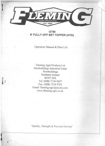 Fleming GT80 8' Off Set Topper (HYD) Operators Manual & Parts List GT 80
