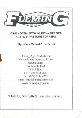 Fleming Pasture Topper GT40 GT50 GT60, 4' 5' 6' Operators Manual & Parts List GT 40 50 60