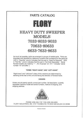 Flory Heavy Duty Sweeper 7033 8033 9033 70633 80633 6633 7633 8633 Parts Manual