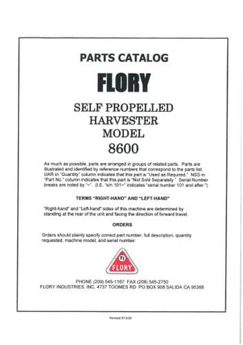 Flory Self Propelled Harvester 8600 Parts Manual