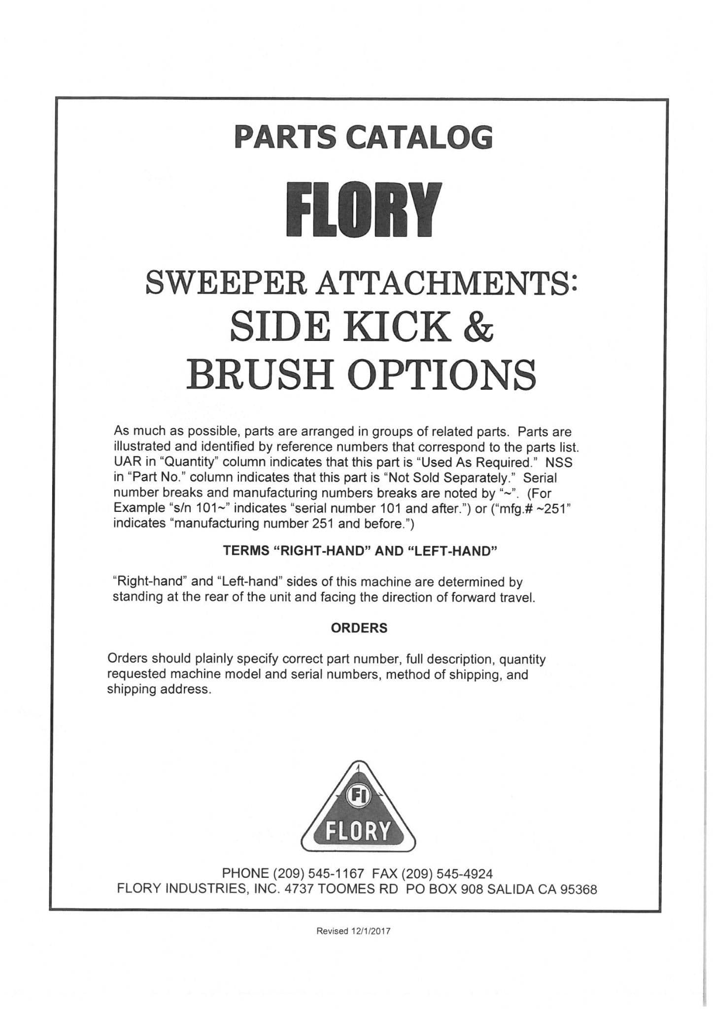 Flory Sweeper Side Kick & Brush Attachements Parts Manual
