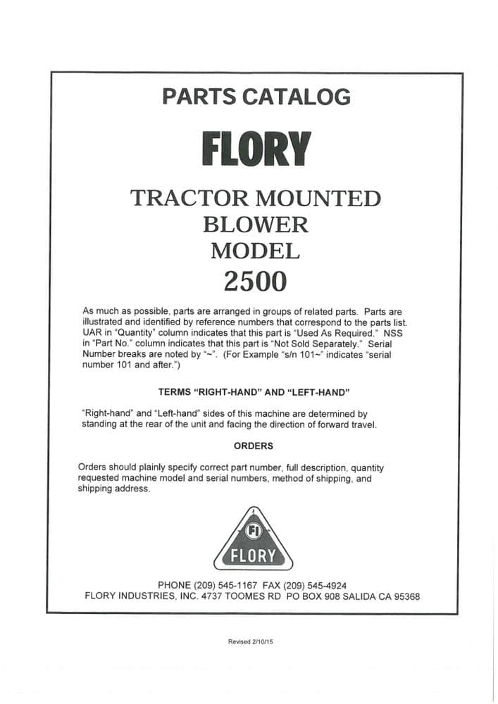 Flory Tractor Mounted Blower 2500 Parts Manual