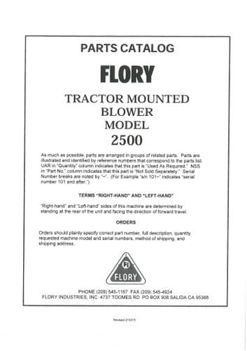 Flory Tractor Mounted Blower 2500 Parts Manual