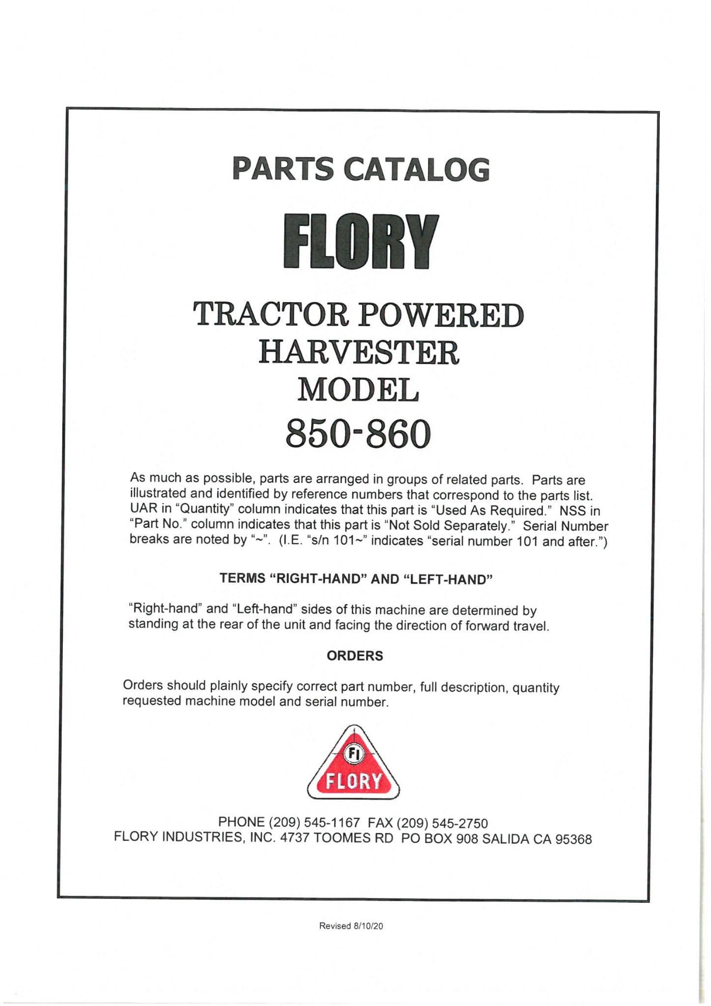 Flory Tractor Powered Harvester 850-860 Parts Manual