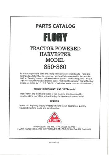 Flory Tractor Powered Harvester 850-860 Parts Manual