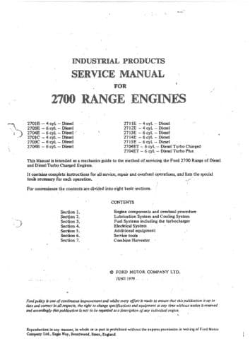 Ford Diesel Engine 2700 Range Workshop Service Manual - 2701E 2703E 2704E 2701C 2703C 2704C