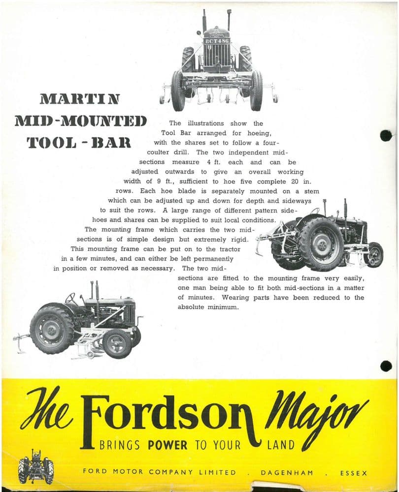 Fordson Major Tractor Martin Cultivator Mid Mounted Tool Bar Brochure