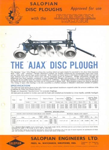 Fordson Major Tractor Salopian Ajax & Demeter Disc Plough Brochure