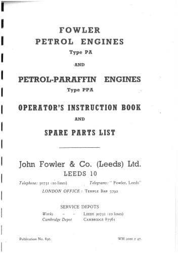 Fowler Engine Models PA Petrol & PPA Petrol-Paraffin Operators Manual with Parts List