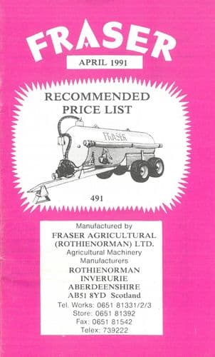 Fraser Trailers and Muck Spreader, Bale Spike, Mixers, Slurry Tanker Price List - Dated April 1991