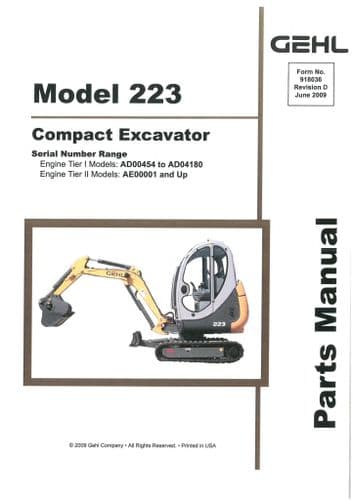 Gehl Compact Excavator Model 223 Parts Manual