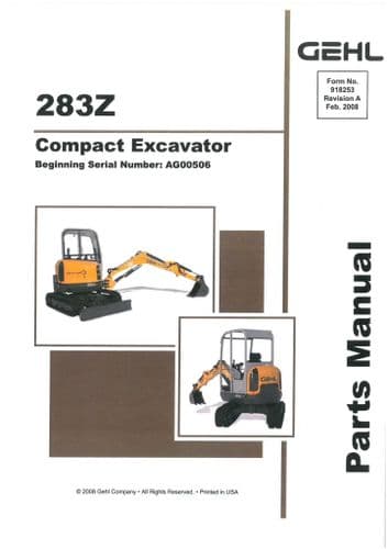 Gehl Compact Excavator  Model 283Z  Parts Manual 283 Z