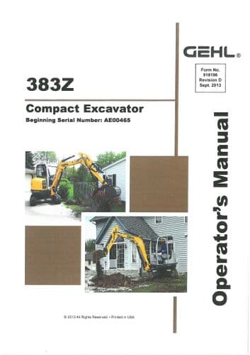 Gehl Compact Excavator Model 383Z Operators Manual 383 Z