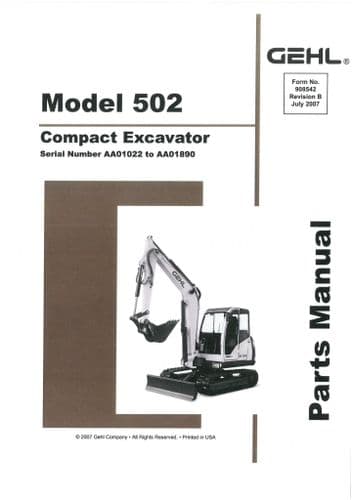 Gehl Compact Excavator  Model 502  Parts Manual