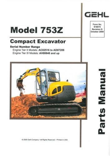 Gehl Compact Excavator  Model 753Z  Parts Manual 753 Z