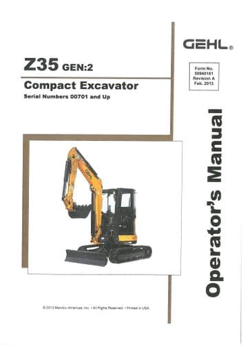 Gehl Compact Excavator Model Z35 Gen:2  Operators Manual Z 35