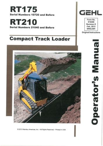 Gehl Compact Track Loader RT175 RT210 Operators Manual RT 175 210