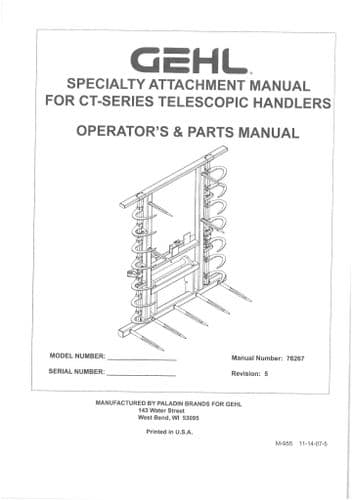 Gehl CT Series Telescopic Handlers Speciality Attachement Operators Manual with Parts List