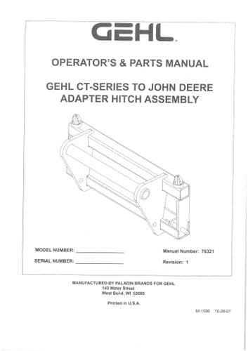Gehl CT Series to John Deere Adapter Hitch Assembly Operators Manual with Parts List