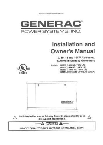 Generac Automatic Standby Generator 005251 005252 005253 005254 Operators Manual