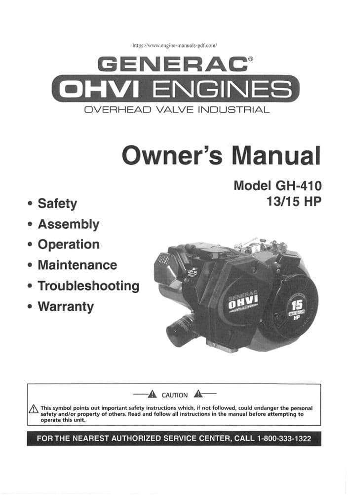 Generac OHVI Engine GH410 13HP 15HP Operators Manual