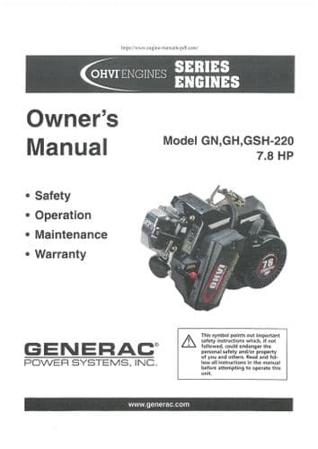 Generac OHVI Engine GN GH GSH-220 7.8HP Operators Manual