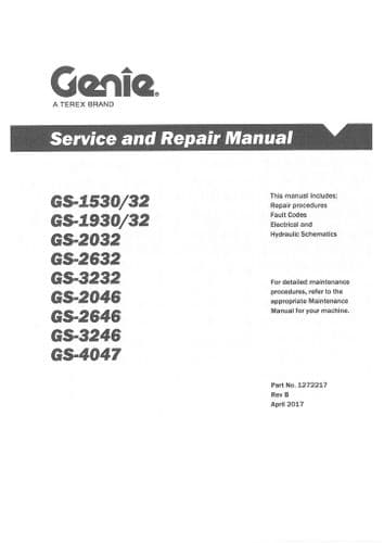 Genie Scissor Lift Cherry Picker Platform GS1530-32 GS1930-32 GS2030 GS2632 Workshop Service Manual