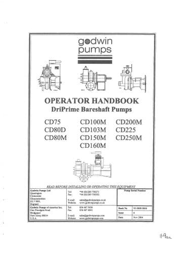 Godwin Dri-Prime Bareshaft Pumps CD75 CD80D CD80M CD100M CD103M CD150M CD160M  Operators Manual
