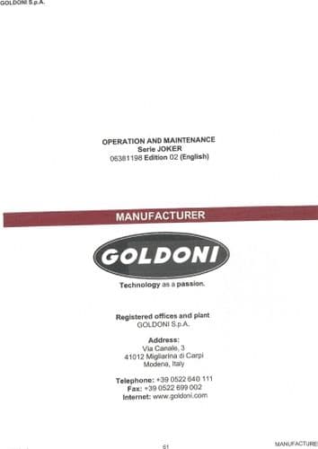 Goldoni 2 Wheel Tractor Joker 8DS 10DS 12S Operators Manual