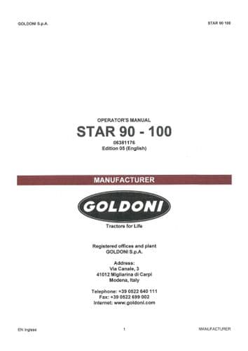 Goldoni Tractor Star 90 100 SG1 GL11 Operators Manual