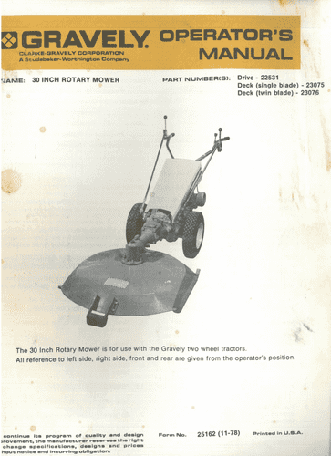 Gravely Rotary Mower 30Inch Operators Manual