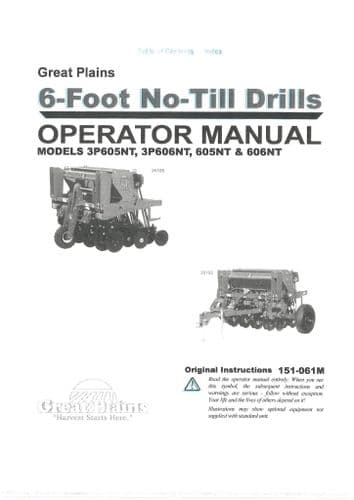 Great Plains No Till Drill 6ft Model 3P605NT 3P606NT, 605NT & 606NT Operators Manual 86 Pages