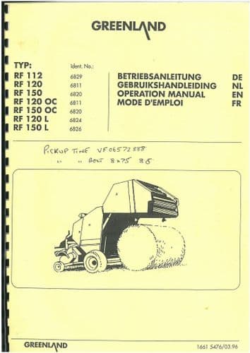 Greenland Round Baler RF112, RF120, RF150, RF120OC, RF150OC, RF120L & RF150L Operators Manual