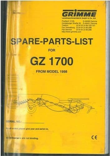 Grimme Potato Harvester GZ1700 Parts Manual - GZ 1700 From Model 1998