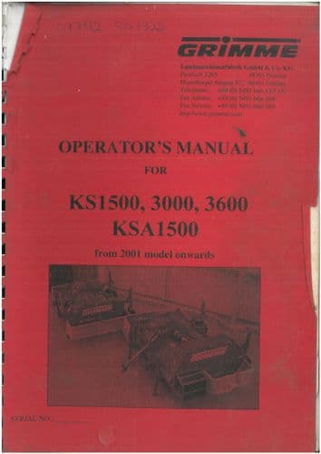 Grimme Potato Haulm CutterHarvester KS1500 KS3000 KS3600 KSA1500 Operators Manual