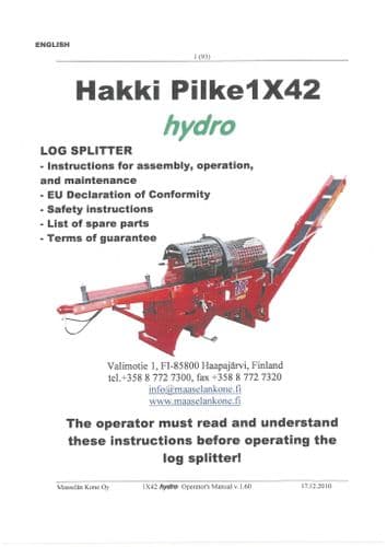 Hakki Pilke Log Splitter 1X42 Hyrdo Operators Manual