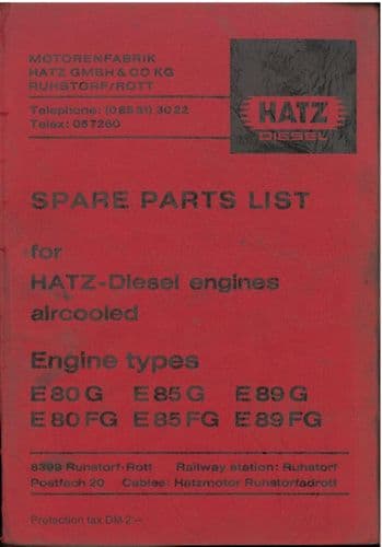 Hatz Engine E80G E80FG E85G E85FG E89G E89FG Parts Manual