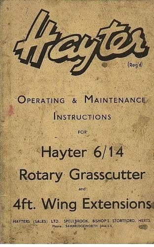 Hayter 6/14 Rotary Grasscutter & 4ft Wing Extensions Operators Manual with Parts List